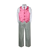 4pc Formal Baby Teen Boy Coral Red Vest Necktie Silver Pants Suits S-7 (5)