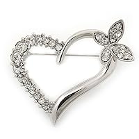 Open Diamante Heart&Butterfly Brooch In Rhodium Plated Metal - 4cm Length