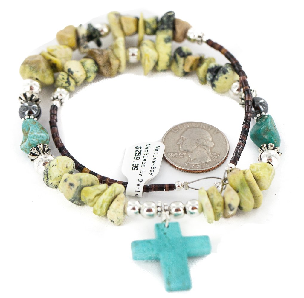 $260Tag Cross Silver Certified Navajo Turquoise Green Native Necklace 750241-3 Made by Loma Siiva
