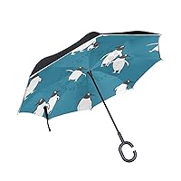 Penguin Reverse Inverted Umbrella with C-Shaped Handle Large Double Layer UV Protection Cat Dog Graphic Pattern Car Umbrella for Women Men