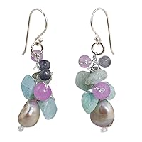 NOVICA Artisan Handmade Cultured Freshwater Pearl Aquamarine Cluster Earrings Quartz .925 Sterling Silver Plated Dyed Multicolor White Grey Beaded Thailand Bohemian Birthstone 'Clover'