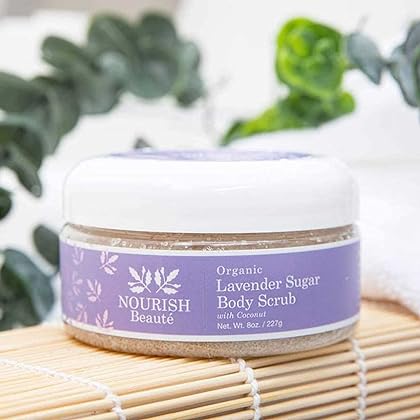 Nourish Beaute Organic Sugar Body Scrub for Exfoliation and Cellulite, Hydrates and Moisturizes Skin While Improving Skin Tone and Texture, 8 oz, Lavender
