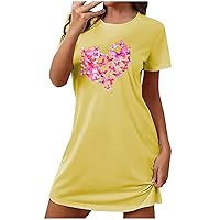Womens Flower Heart Printed Nightgown Short Sleeve Sleepshirt Loose Fit Casual Summer Crewneck Tunic Pajama Dress