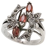 Sterling Silver Marcasite Freeform Ring, w/Natural Garnet, 3/4 inch (21 mm) wide