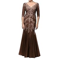 Mother of The Bride Dresses Mermaid Evening Formal Dress V Neck Wedding Guest Groom Lace Applique with Sleeve