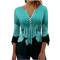 Women Cute Top, Color Block Tunic Tops for Women Floral Print Crewneck Casual Blouse Buttons Pleated Short Sleeve Loose