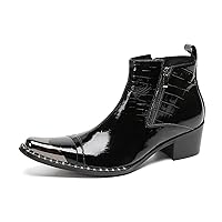 Fashion Novelty Genuine Leather Metal-Wingtip Chelsea Boots Comfort Dress Casual Two-Sided Zipper Plaid Ankle Boot For Men