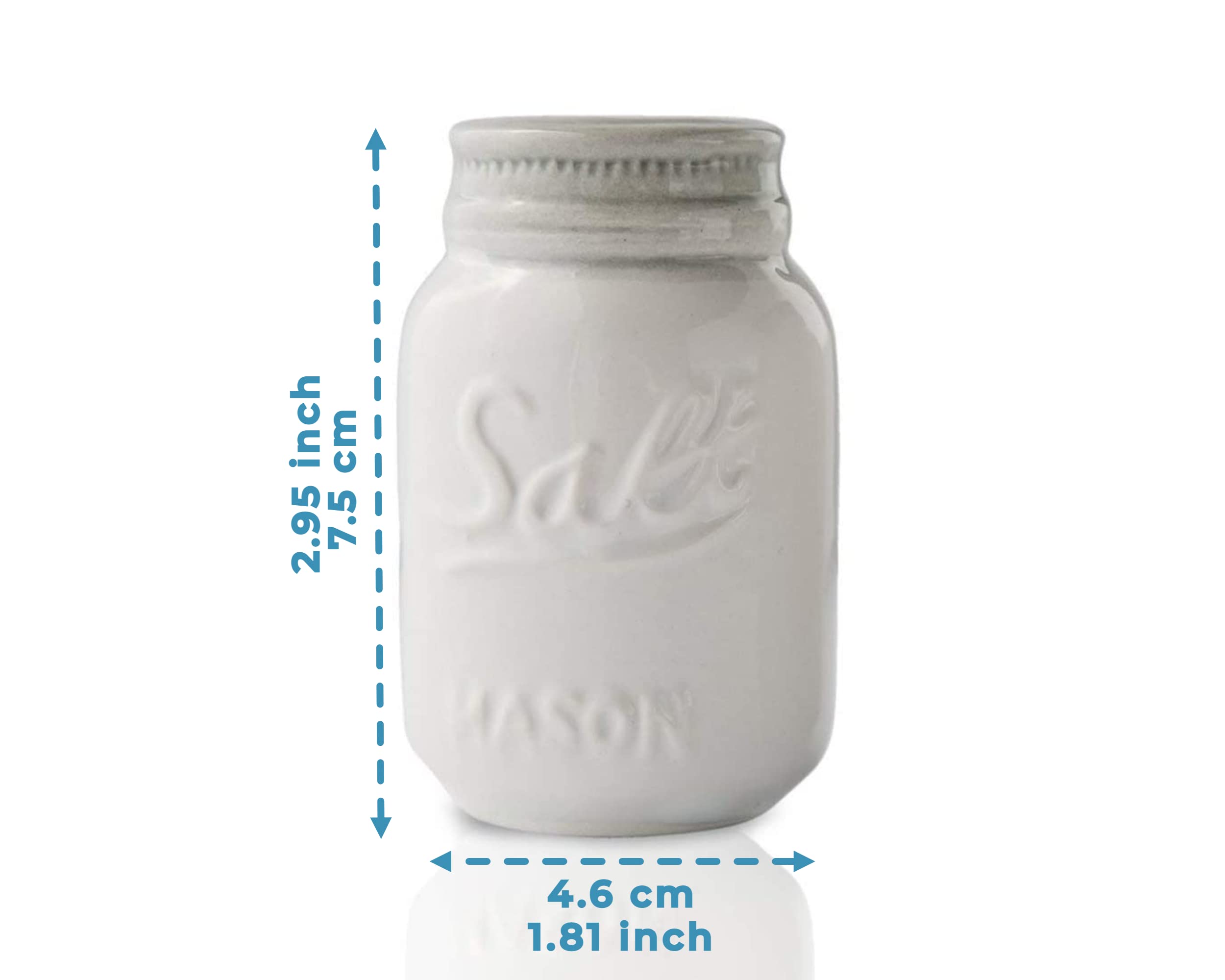 Vintage Mason Jar Salt & Pepper Shakers by Comfify - Adorable Decorative Mason Jar Décor for Vintage, Rustic, Shabby Chic Kitchens - Sturdy Ceramic in White - 3.5 oz. Cap.