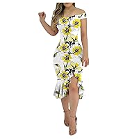 Summer Dresses for Women 2024,Women's Casual Party Dresses Print Irregular Hem One Shoulder Sexy Backless Ruffle Dress