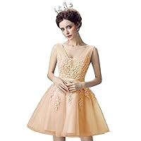 Women's Sleeveless Tulle Short Homecoming Dresses Lace Applique V Neck Bridesmaid Party Dress Champagne