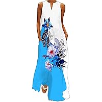 Summer Dresses for Women 2024 V Neck Sleeveless Long Split Hem Kaftan Womens Printed Baggy Women's Dress