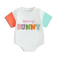 Gueuusu Newborn Baby Boy Girl Easter Outfit Bunny Letter Embroidery Romper Short Sleeve Shirt 1st Easter Summer Clothes