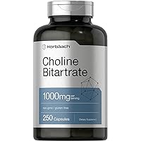 Horbaach Choline Bitartrate Supplement | 1000mg | 250 Capsules | High Potency | Non-GMO, Gluten Free
