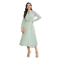 Business Casual Shirt Dress for Women Long Sleeves Pleated Midi Dresses with Belt