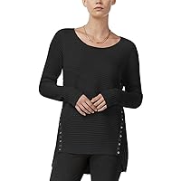 Womens Grommet Detail Jewel Neck Pullover Sweater Deep Black S