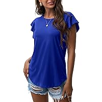 PrinStory Women's Tops Summer Casual Ruffle Short Sleeves Knit Shirts Round Neck Tunic Top for Women 2024 Fashion Trend