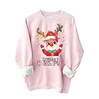 Merry Christmas Sweatshirts For Women Cute Deer Graphic Pullover Teen Girls Pink Crewneck Fleece Shirts Holiday Tops