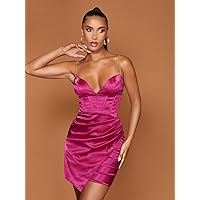 Dresses for Women 2023 Easter Dress for Women Chain Strap Ruched Asymmetrical Hem Cami Dress (Color : Hot Pink, Size : X-Small)