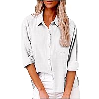 Linen Tops for Women Long Sleeve Collared Button Up Shirts 2024 Fashion Loose Fit V Neck Blouse with Pocket