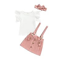 CIYCUIT 3Pcs Toddler Baby Girl Easter Outfit - Ruffle Romper, Suspender Skirt, and Headband Set for Spring and Summer