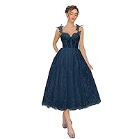 Maxianever Plus Size Lace Tulle Long Prom Dresses Spaghetti Straps Flower Women’s Wedding Gowns Tea Length Corset Navy Blue US26W