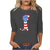 4th of July Shirts for Women 3/4 Sleeve Plus Size T Shirt Summer Independence Day Round Neck Soft Tunic Tops