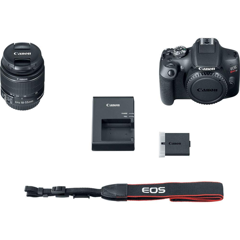 Canon EOS Rebel T7 DSLR Camera with 18-55mm Lens Starter Bundle + Includes: EOS Bag + Sandisk Ultra 64GB Card + Clean and Care Kit + More (Renewed)