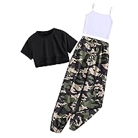 OYOANGLE Girl's 3 Piece Outfits Short Sleeve Crop Tee and Camo Print Cargo Pants and Cami Top