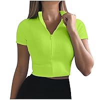 Today Only Women Stand Collar Cropped Top Sexy Ribbed Yoga Shirts Half Zip Workout Tee Slim Fit Workout Crop Top Short Sleeve White Blouses For Women Casual