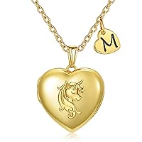 YOUFENG Love Heart Unicorn Locket Necklace for Girls 26 Letter Initial Locket that Holds Pictures 18K Gold Plated Locket Gifts for Women