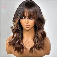 Brown Highlights Curtain Bangs with Layered Cut Wavy 13x6 HD Transparent Lace Front Human Hair Wigs Bleached Knots 1b27/30 Color Wig Brazilian Virgin Hair Pre Plucked for Women 150% Density