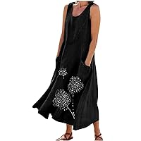 Cotton Linen Dress for Women 2024 Summer Sleeveless Long Dresses Solid Casual Baggy Flowy Maxi Dresses with Pockets