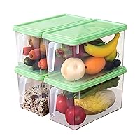 Plastic Storage Containers Square Food Storage Organizer Stackable Refrigerator Organizer Handle Kitchen Containers with Lids for Fruits Vegetables Meat Egg, 4-pack (Green)