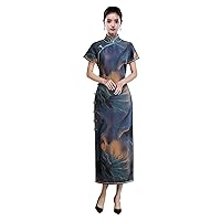 Women Cheongsam Silk Fragrant Cloud Yarn Peony Print Mock Collar Short Sleeve Blue Dinner Long Dress 3634