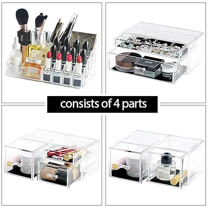 InnSweet Makeup Organizer Acrylic Cosmetic Storage Drawers, Large Makeup Storage Boxes Jewelry Display Cases with 7 Drawers, 4 Piece, Transparent