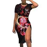 XJYIOEWT Polka Dot Dress,Summer Women Short Sleeve Crew Neck Floral Patterns Casual Drawstring Slit Slim Dress Plus Size