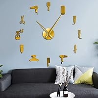 DIY Barber Shop Giant Wall Clock with Mirror Effect Barber Toolkits Decorative Frameless Clock Watch Hairdresser Barber Wall Art(Gold)