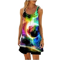 Magical Galaxy Planet Print Sundress Womens Summer Casual Sleeveless Mini Beach Dress Boat Neck Tunic Dresses
