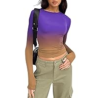 Womens Fashion Long Sleeve Shirts Solid Casual Skinny Crewneck Y2K Top Slim Fit Casual Workout Crop Tops
