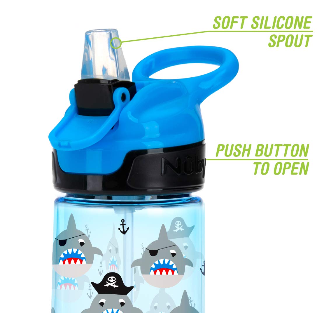 Nuby Push Button Flip-it Soft Spout Tritan Water Bottle, Blue Sharks, 18 Oz