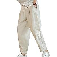 Men's Cotton Linen Casual Pants Elastic Waist Drawstring Loose Sweatpants Athletic Workout Joggers Trousers