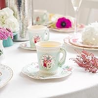TS6-CUPSET Disposable Truly Scrumptious Party Vintage Floral Tea Cups and Saucer Sets, Mint Green