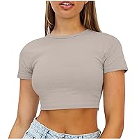 Women's Casual Summer Short Sleeve Crop Tops Solid Crew Neck Sexy T-Shirt Lightweight Breathable Sport Blouse Cute Tee Shirts