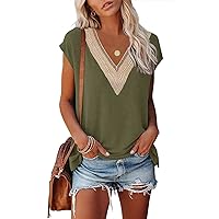 Basic Tops for Women 2023 Trendy Cap Sleeve Casual Shirts Floral Print Lace V Neck Loose Fit Blouses