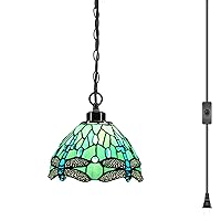 Small Tiffany Pendant Light Plug in Stained Glass Swag Lamp 8X8X181 Inch Hanging Lamp (Green Dragonfly for Dining Room Living Room