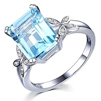 Swiss Blue Natural Topaz Gemstone Solid 14K White Gold Wedding Engagement Fashion Diamond Ring for Women