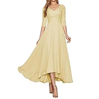 Women Lace Applique Chiffon Mother of The Bride Dress for Wedding 3/4 Sleeves Tea Length Formal Evening Gowns