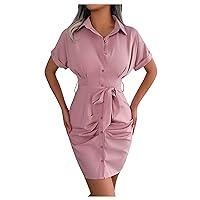 Shirt Dresses for Women Work Dresses for Women 2024 Solid Color Short-Sleeved Waist Pleated Shirt Dress Summer 2024, S-XL
