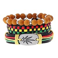 3 pieces Multicolor Beaded Jamaican Bracelet Leather Bangle Braided Bracelets Rasta Reggae Jeweley