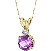 PEORA Created Pink Sapphire with Genuine Diamond Pendant in 14K Yellow Gold, Elegant Solitaire, Round Shape, 6.50mm, 1.4 Carats total